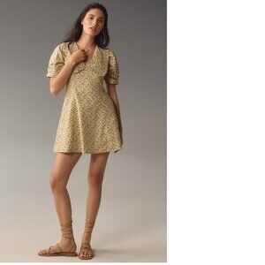 By Anthropologie Short-Sleeve Collared Printed Mini Dress 14 new nwt yellow